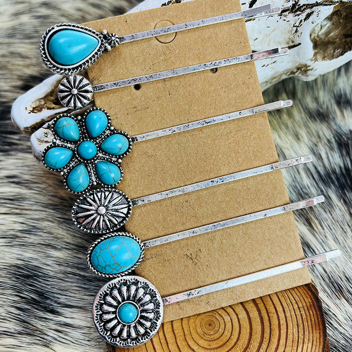 Wholesale 2pcs Retro Turquoise Alloy Flower Ethnic Style Western Head Clip One Word Clip JDC-HC-HeYi001