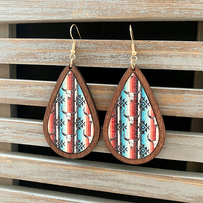 Wholesale Western Retro Wooden Earrings Aztec Water Drop Pattern Atmospheric