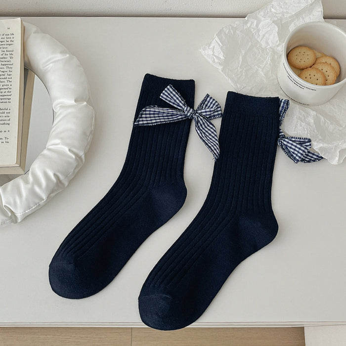 Wholesale Pile socks, butterfly knot socks, mid tube socks, checkered cotton socks