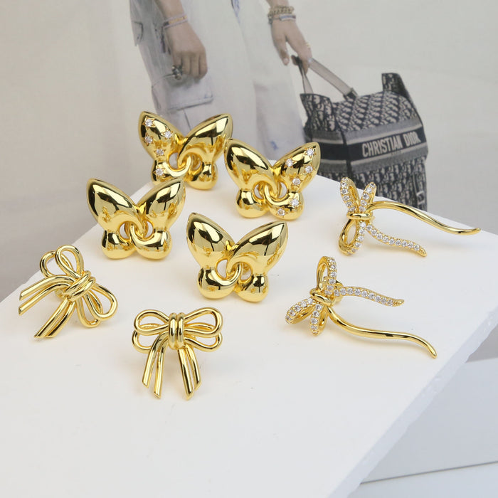 Wholesale   18k earrings  brass zircon bow earrings