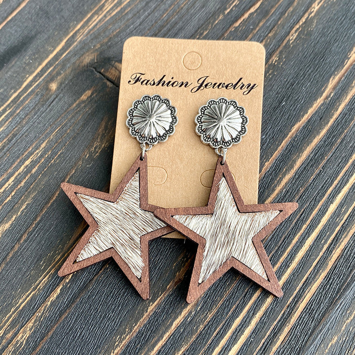 Wholesale Western Denim five-pointed star Natural genuine leather earrings leopard print milk pattern inlaid earrings