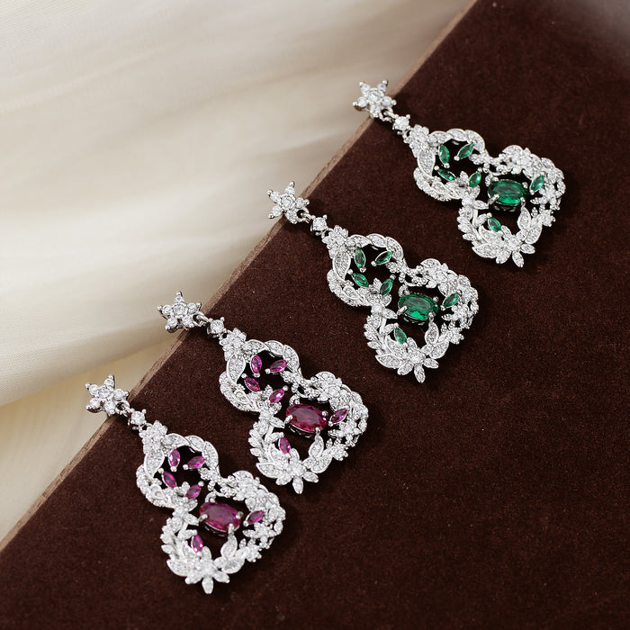 Wholesale Retro Hollow Pattern Color Diamond Ruyi Gourd Earrings Jewelry