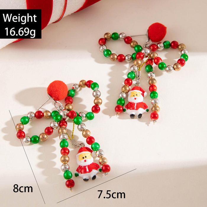 Wholesale Color Beaded Bowknot Hair Ball Earrings Creative Santa Pendant Christmas Earrings