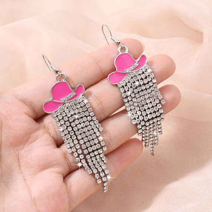 Wholesale Earrings, tassel denim hat, earrings, long earrings, full diamond, high-end, light luxury accessory