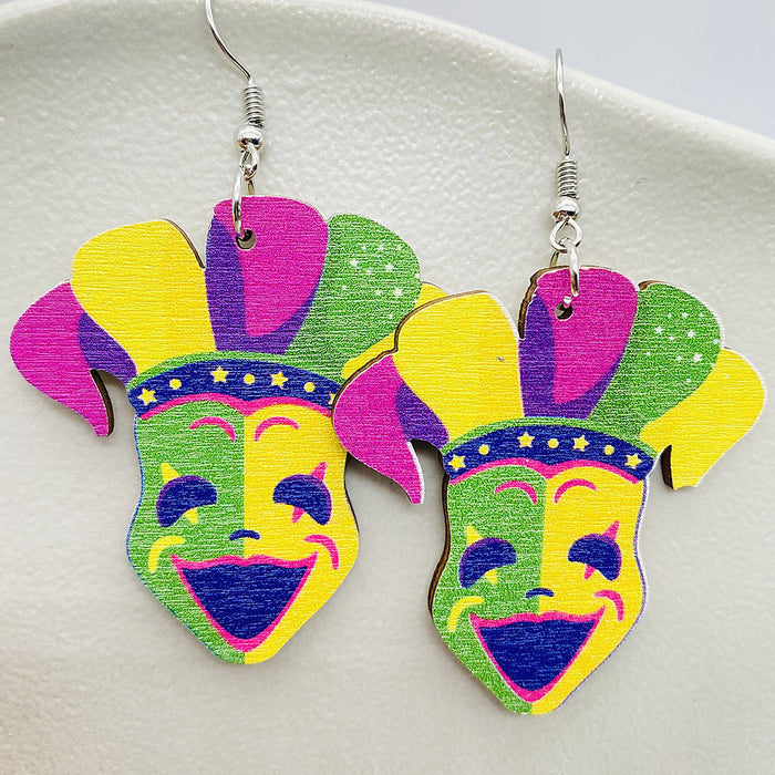 Wholesale Earrings Carnival Colored Festive Accessories Exaggerated Masks Water Droplets Hollow Wooden Earrings JDC-ES-YaChen008