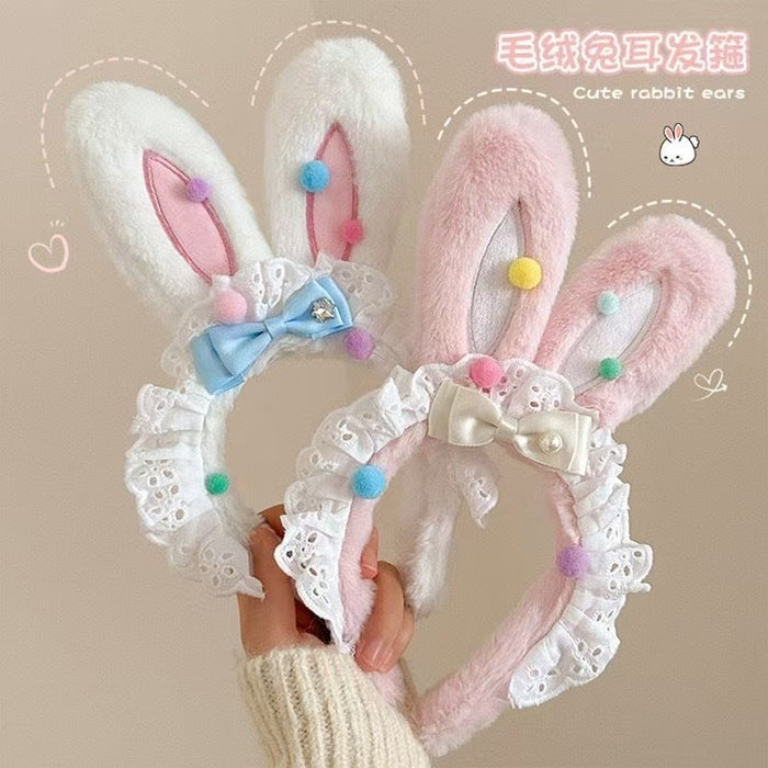 Wholesale Cute bow bunny ears lace trim plush headband