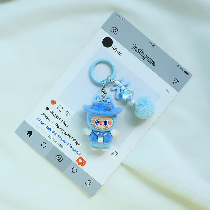 Wholesale Flocked denim car keychain doll jewelry pendant small fur ball cute grain pendant gift
