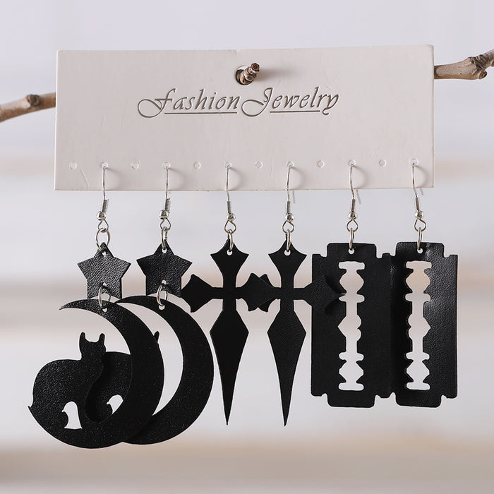Wholesale Trendy Star Moon Cat Cross Note Pu Leather Earring Set Party Fashion Accessory