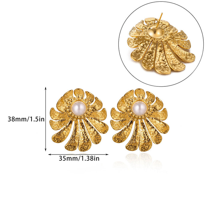 Wholesale Leaf Imitation Pearl Earrings Stainless Steel Gold-Plated Round Geometric Earrings