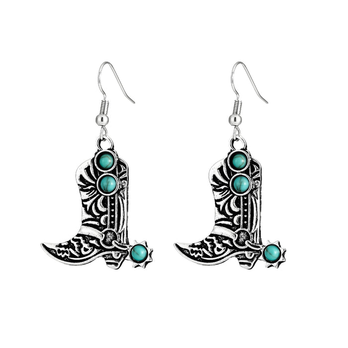 Wholesale European and American Personalized turquoise western cowboy alloy boots shape earrings