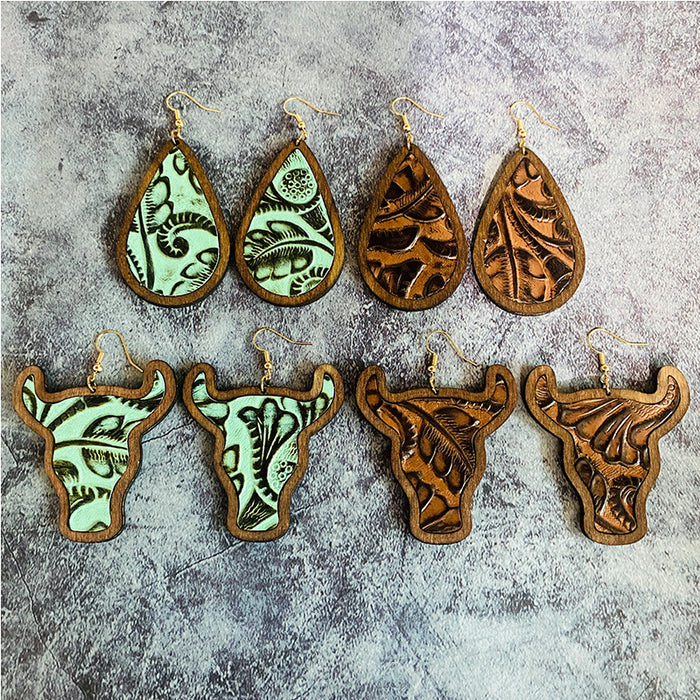 Wholesale Western leather earrings retro cow' s head Classic water droplets inlaid wooden earrings jewelry