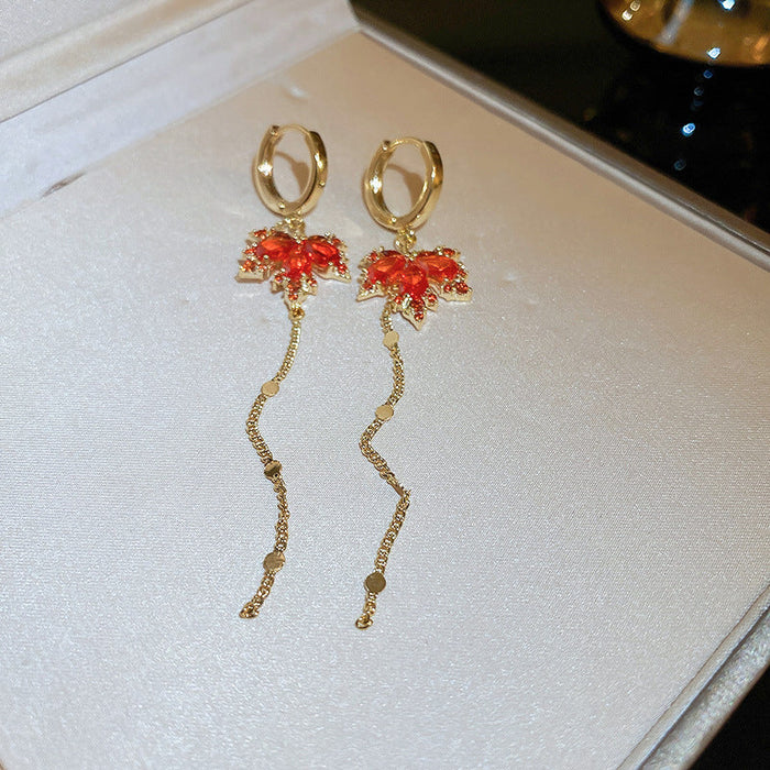 Wholesale Earrings Alloy Pearl Zircon Red Maple Leaf Double Layer JDC-ES-BY344