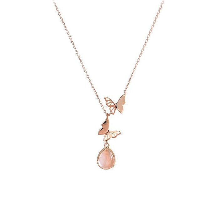 Wholesale New Pink Crystal Butterfly Necklace, Women's Light Luxury Water Drop Pendant, niche design, versatile collarbone chain
