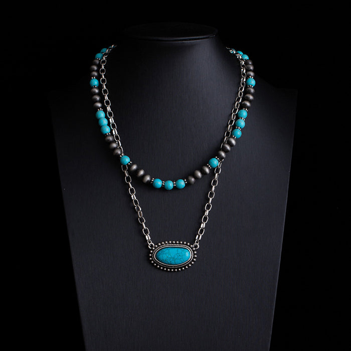 Wholesale Retro ethnic style turquoise necklace Western cowboy style stacking necklace high-end Bohemian sweater chain