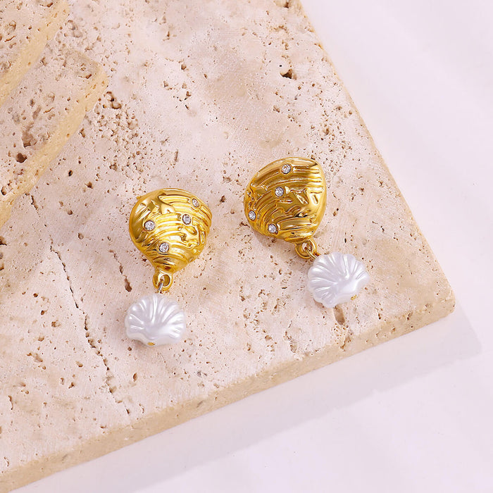Wholesale Stainless Steel Pearl Shell Earrings Vintage Light Luxury Jewelry