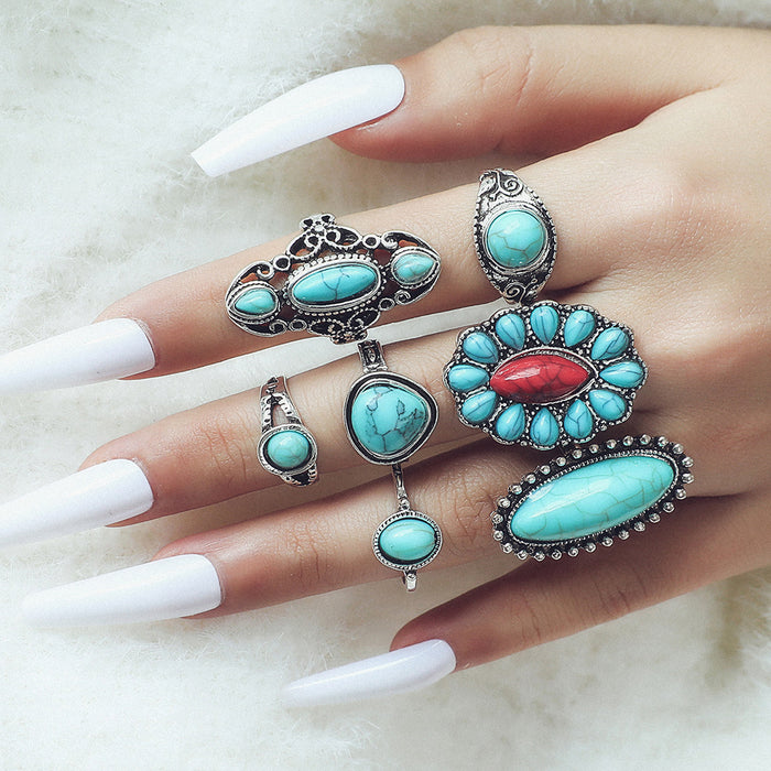 Wholesale 2pcs retro Bohemian turquoise 7 pieces set ring