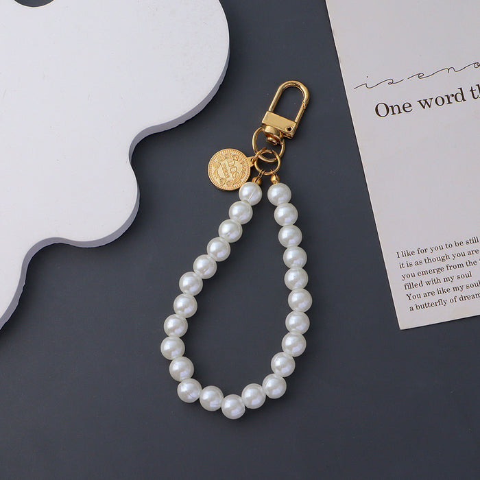 Wholesale Pearl Bead Chain Keychain Metal Square Figure Pendant Mobile Phone Case Hanging