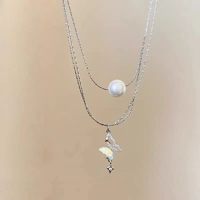 Wholesale Double Layer Butterfly Pearls Alloy Necklace JDC-NE-NiQ004