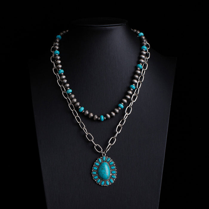 Wholesale Retro ethnic style turquoise necklace Western cowboy style stacking necklace high-end Bohemian sweater chain