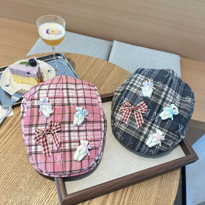 Wholesale Grid forward hat niche design cartoon bow plaid beret