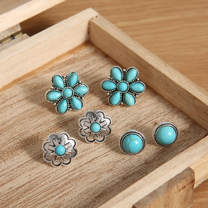 Wholesale Retro Western Style Silver-Tone Alloy Turquoise 3-Piece Earring Set