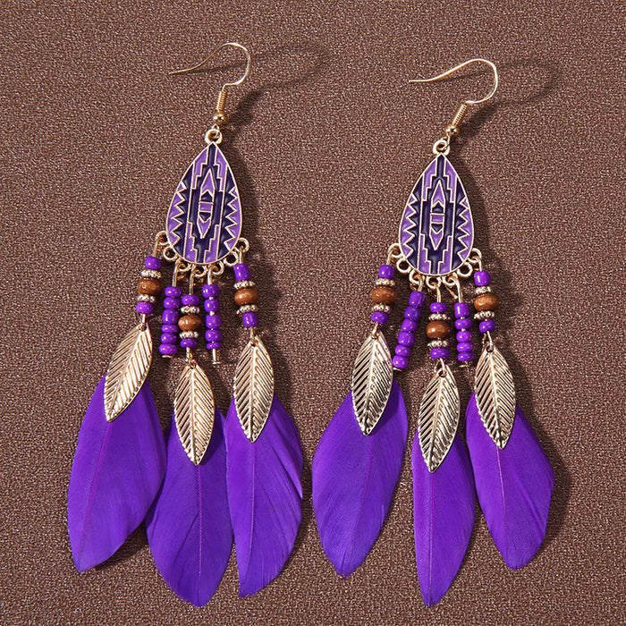 Wholesale Alloy Bohemian Water Droplet Tassel Feather Earrings JDC-ES-Gumi012