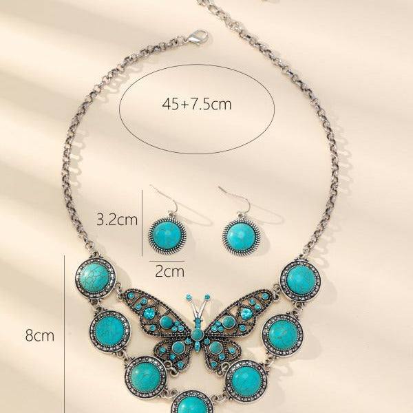Wholesale Bohemian Turquoise Butterfly Necklace and Earring Set Metal Alloy Jewelry