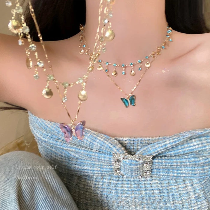 Wholesale Butterfly Double Layer Tassel Choker Necklace Metal Crystal Summer Chic Jewelry MOQ≥2