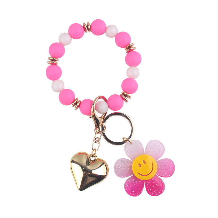 Wholesale Creative Silicone Beads Bracelet Keychain Cartoon Acrylic Smiley Sunflower Pendant Bracelet Key Ring Jewelry