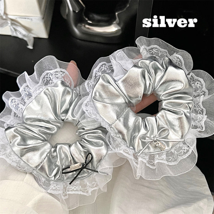 Wholesale silver Leather Bow Large Intestine Hair Rings Niche Hair Rope Hair Accessories