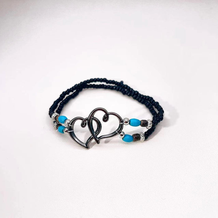 Wholesale Beach Vacation Style Double Heart Beaded Jewelry Set Alloy Necklace and Bracelet MOQ≥2
