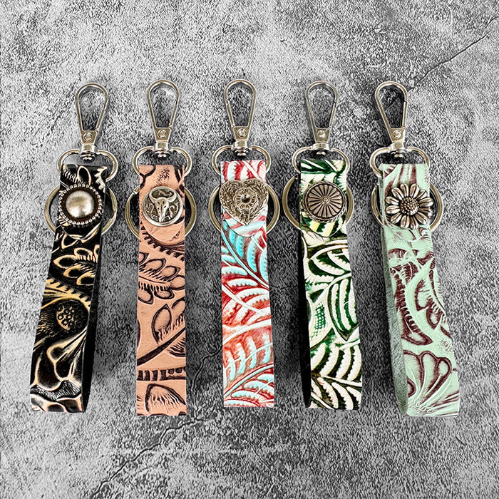 Wholesale Western Genuine Leather Embossed Keychain Retro Multi-Color Bag Pendant