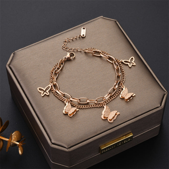 Wholesale Simple Rose Gold Double Layer Frosted Butterfly Titanium Steel Bracelet JDC-BT-YXi001