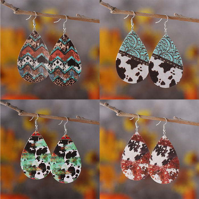 Wholesale Ethnic Leopard Dairy Pattern Turquoise Pattern Water Drop Earrings Women PU Double-sided Earrings
