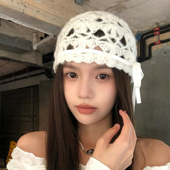 Wholesale Hollow bow knitted hat, thin, breathable, handmade crochet yarn hat