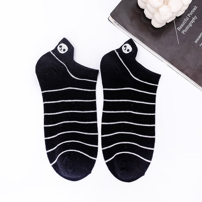 Wholesale Embroidered invisible socks, black and white striped boat socks, cartoon cotton short tube socks