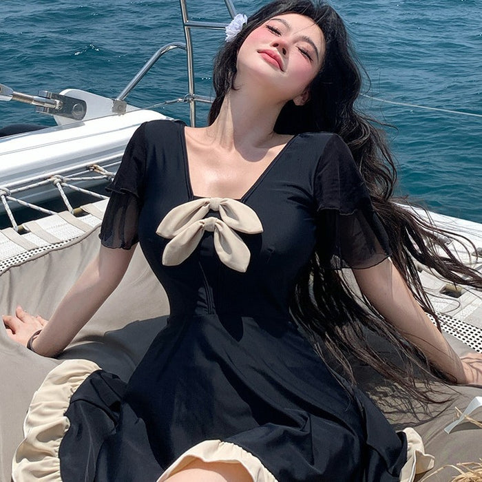 Wholesale Women's one-piece short sleeved swimsuit, bow tie, hot spring bath swimsuit