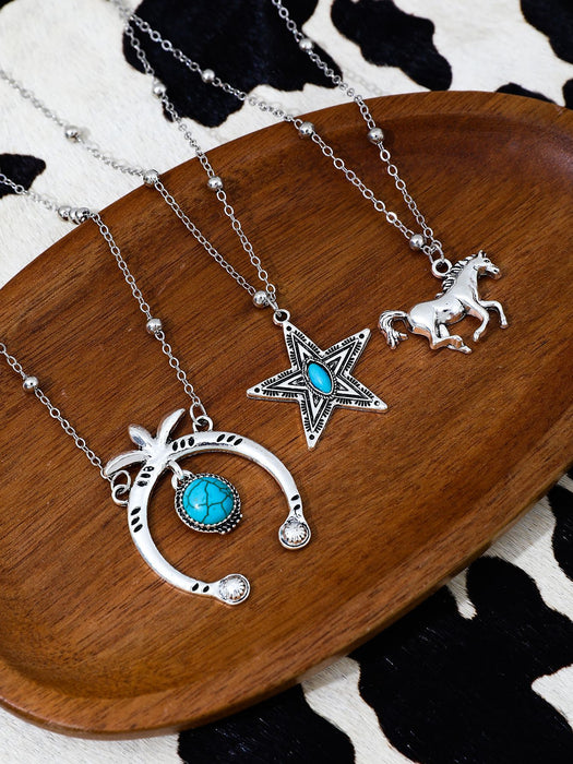 Wholesale Western Denim Style Hat Turquoise Multi-layer Necklace Women' s Vintage Flower Plate All-match Necklace