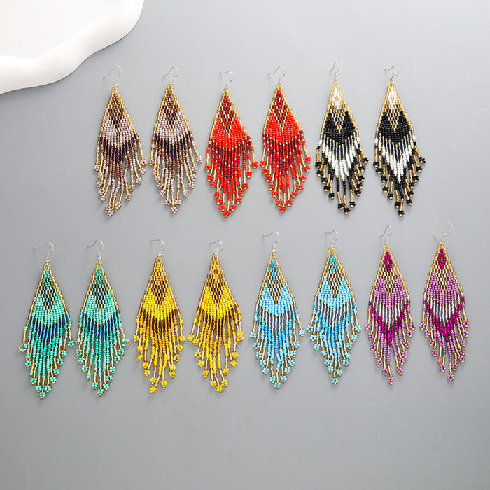 Wholesale color Bohemian rice bead earrings women' s minority ethnic hand-woven long tassel earrings