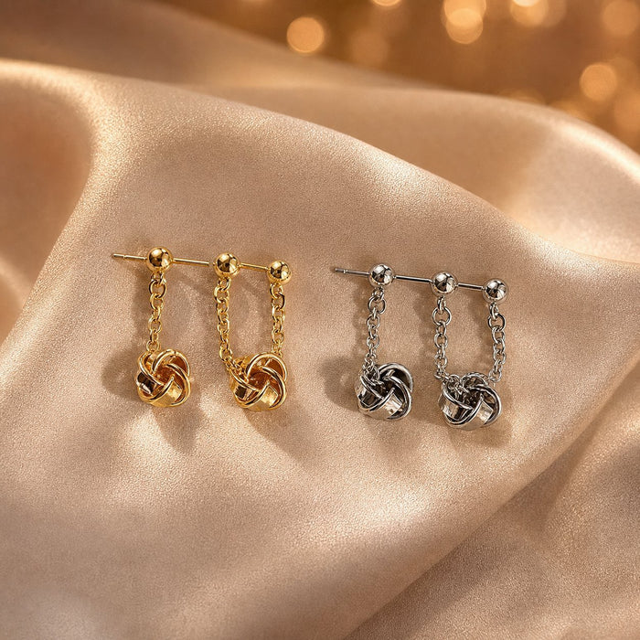 Wholesale Chic Geometric Knot Long Drop Earrings Alloy Gold Double Chain Fashion Accessory