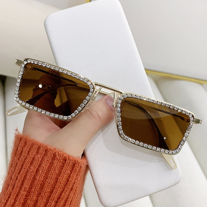 Wholesale New diamond studded small frame metal sunglasses, fashionable square frame sunglasses, high-end sunglasses