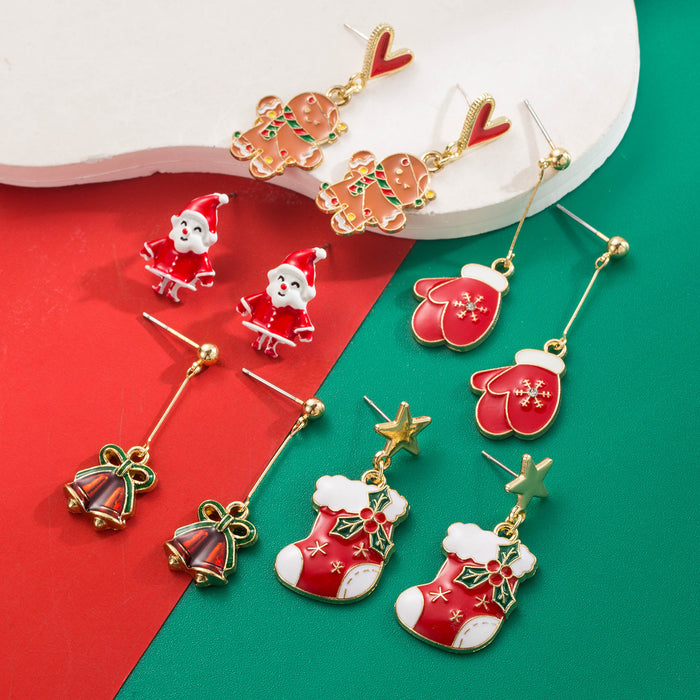 Wholesale Alloy Drip Oil Christmas Earrings Gingerbread Man Santa Bell Party Wear