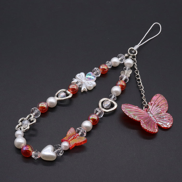 Wholesale Dopamine Crystal Pink Butterfly Mobile Phone Chain Sweet Long Mobile Phone Lanyard Keychain