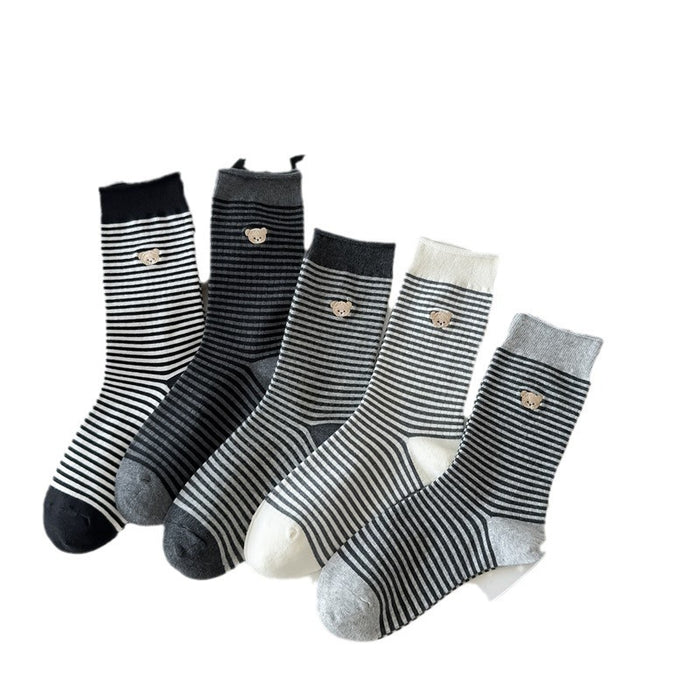Wholesale Mid length socks, cotton socks, rolled edge striped pile socks, embroidered long socks