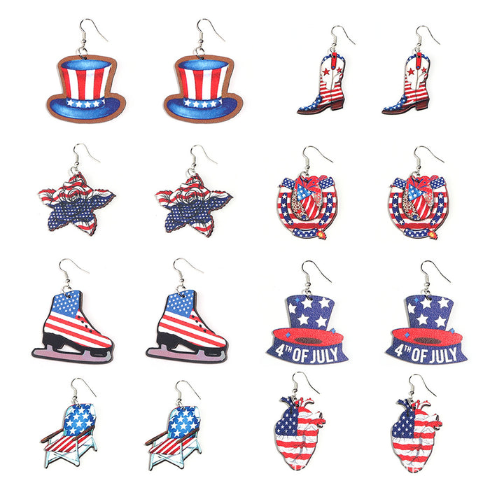 Wholesale American Independence Day Hats Shoes Heart Wooden Print Earrings JDC-ES-ZiT003