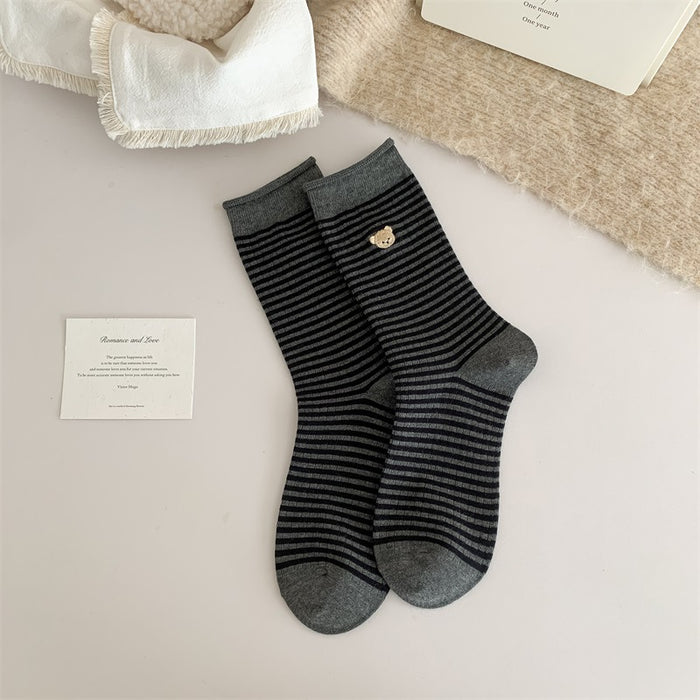 Wholesale Mid length socks, cotton socks, rolled edge striped pile socks, embroidered long socks