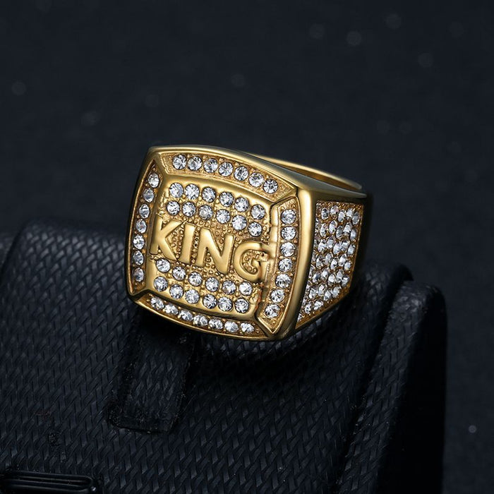 Wholesale Titanium Steel Vacuum Gold Plated Water Diamond KING King Men's Ring JDC-RS-HongX013
