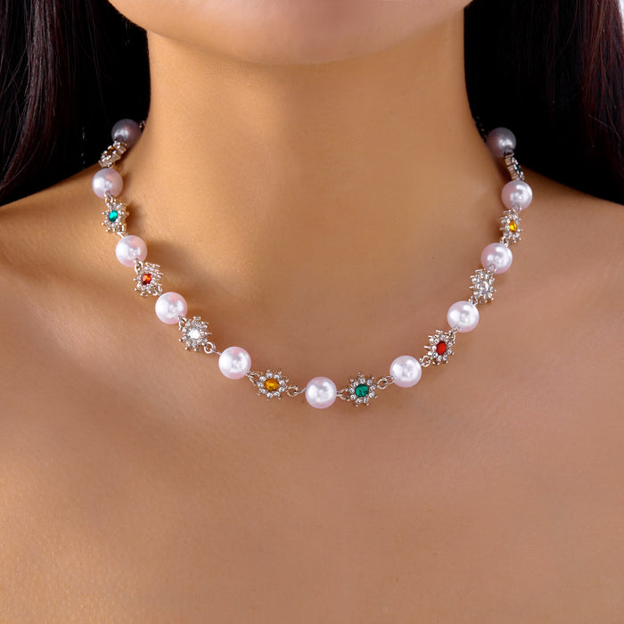 Wholesale niche diamond pearl ing necklace female design sense pearl colored diamond flower necklace