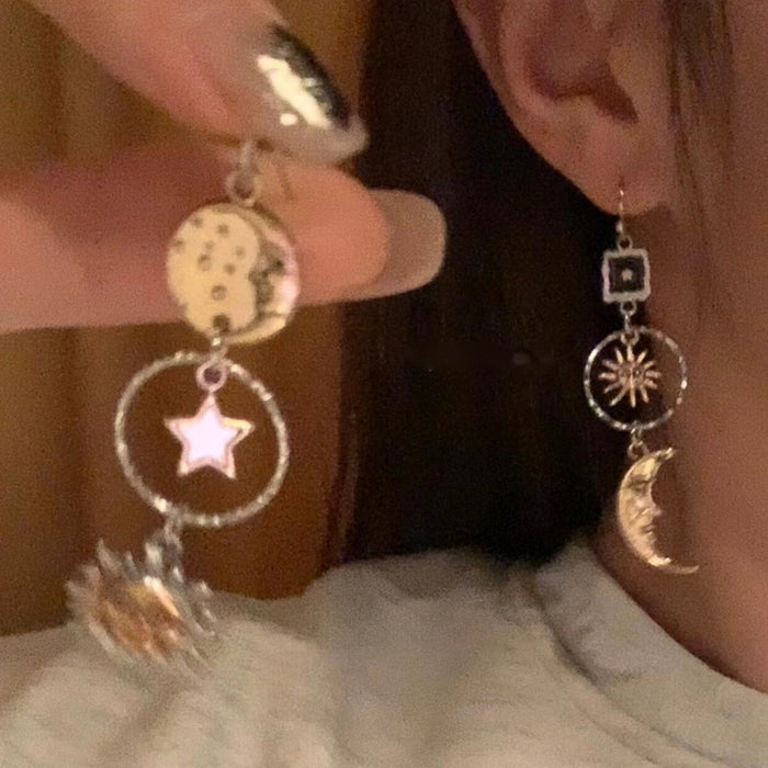 Wholesale Sun and Moon Asymmetrical Tassel Pendant Earrings Niche Design Earrings