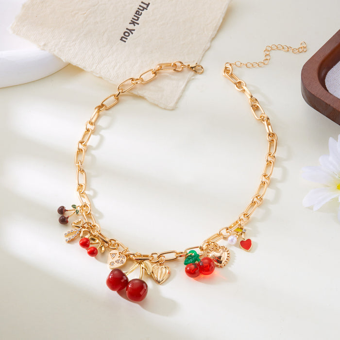 Wholesale Cute Cherry Bow Heart Pendant Alloy Necklace